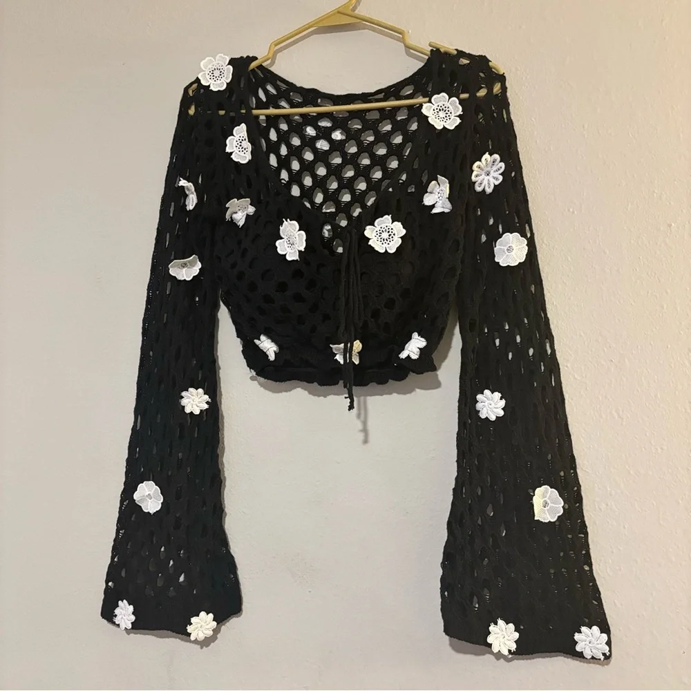 Black and White Floral Crochet Top